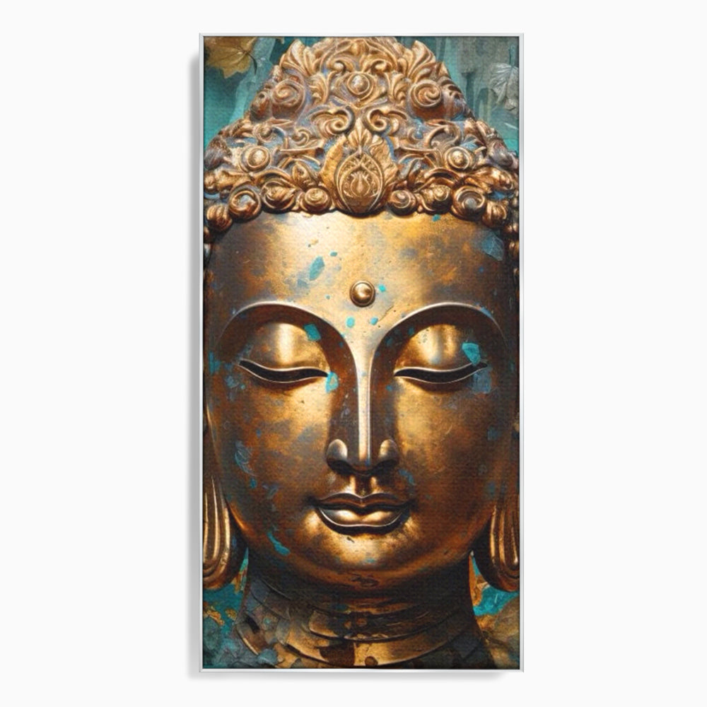 Tablou canvas cu tablou canvas cu capul lui buddha aurit, in rama de aluminiu argintiu